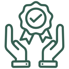 Hands holding checkmark badge icon.