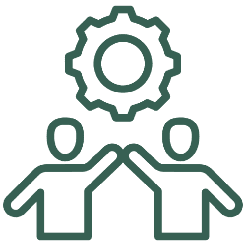 Two people high-fiving with a gear icon above them.